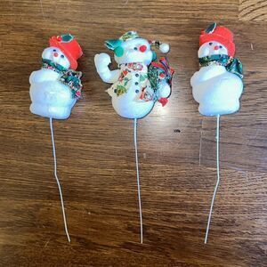 3 large vintage flocked‎ Christmas snowmen floral picks